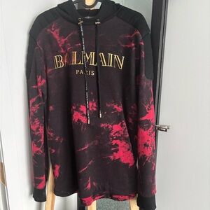 Balmain Black with Red Tie-Dye Crewneck Hoodie